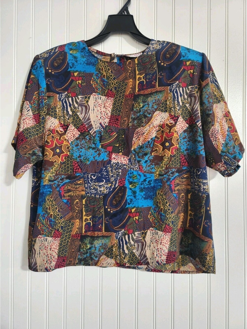 Vintage Hunts Point Womens Satin Geometric Secretary Top Size 16 Brown Feminine